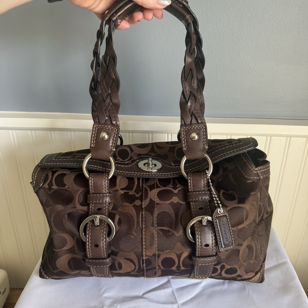 VTG Coach Chelsea Optic Signature Turn Lock Brown Satchel Large Handbag Purse